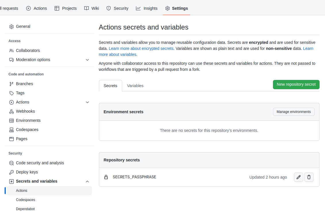 Редактирование секретов GitHub Actions Secrets